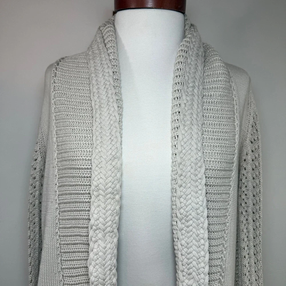 Elie Tahari Silk Cotton Open Front Cardigan Beige Braided Cable Knit Coastal M